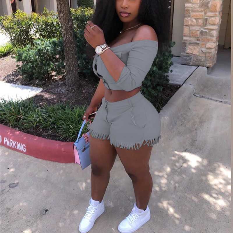 Women's Two Piece Pants Two Piece Set Women Off Shoulder Buttons Crop Top Shorts 2 Piece Set Outfits Tracksuit Plus Size Casual Strtwear S 3XL 4X
