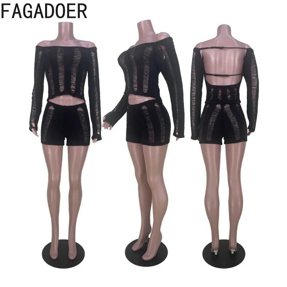 Women's Two Piece Pants FAGADOER Sexy Knitting Hollow Out Shorts Two Piece Sets Women Off Shoulder Crop Top And Shorts Outfits Female Solid 2pcs 