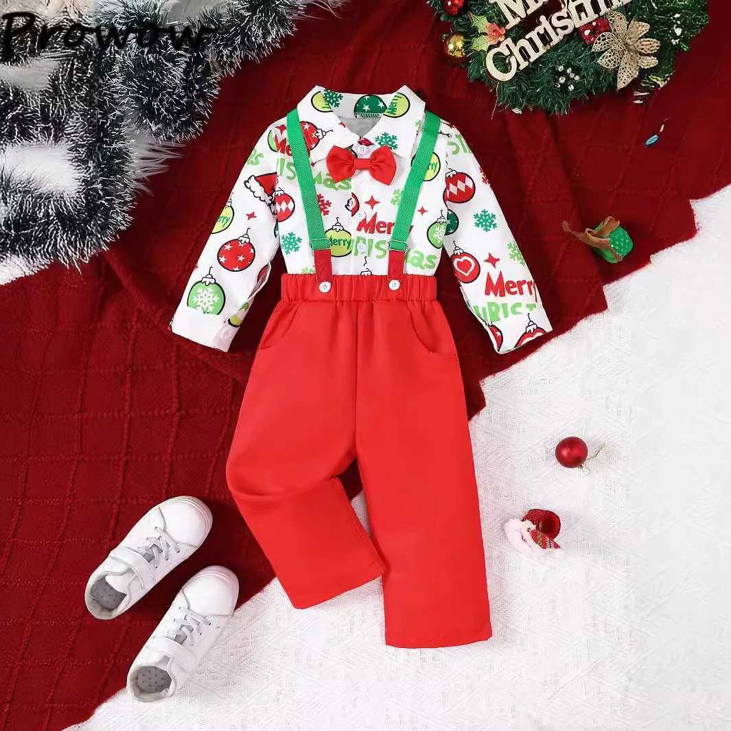 Prowow Boys Christmas Outfits Xmas Print Shirts+Y-Back Suspended Red Pants Boys Christmas Clothes Sets Kids New Years Clothing W241213