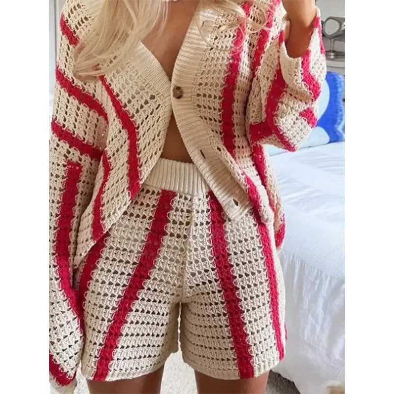 Women's Two Piece Pants Jinia trendy striped 2 piece sets women 2024 lapel knitted long slve top loose pants short sets summer ladies boho strtwe