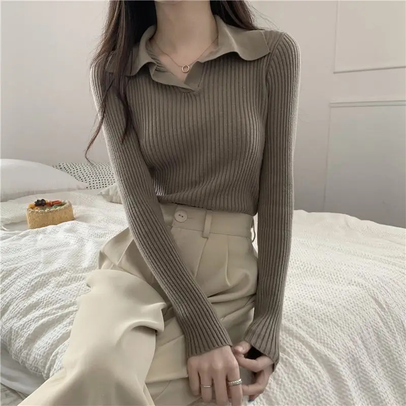 Autumn Winter Women Lapel Pullover Sweaters Basic Long Sleeve Knitted Sweater for Woman Solid Color Jersey Tops Clothes Mujer 241203