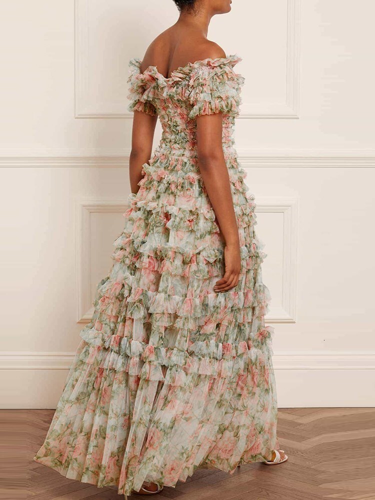 Hit Color Printing Dresses For Women Slash Neck Short Sleeve High Waist Elegant A E Dress Female Fashion Clothes