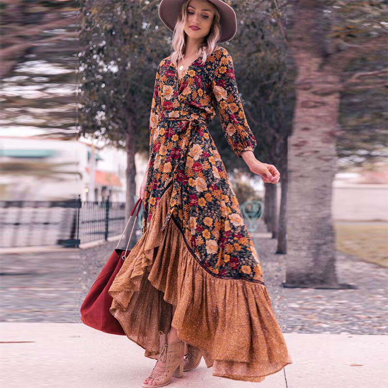 New Foreign Trade Women's Summer Casual Sleeve Printed Retro Dress Long Skirt