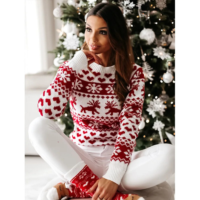 Autumn Winter Knitted Sweater Womens Round Neck Pullover Christmas Elk Snowflake Long Sleeve 241203