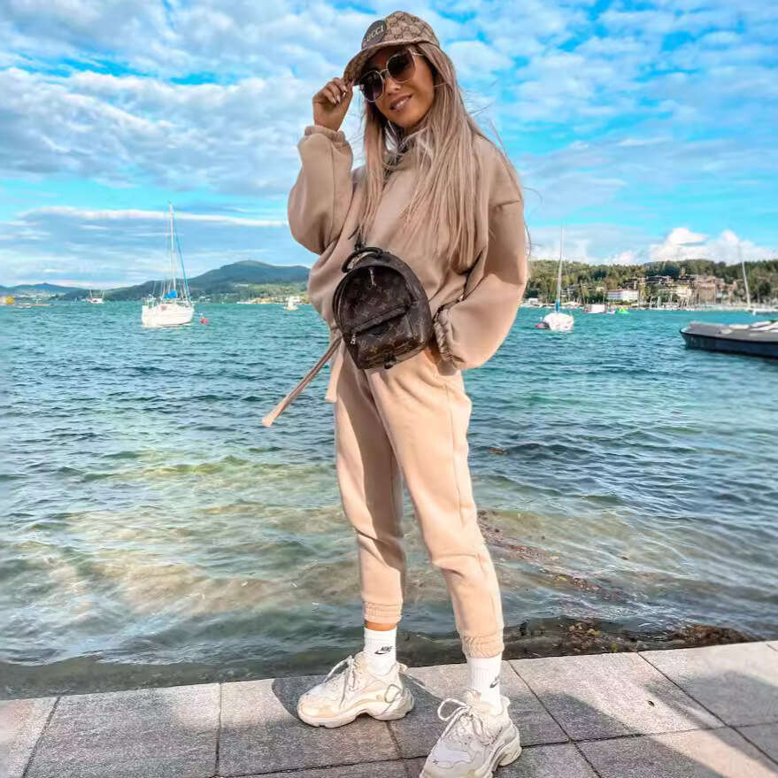European American Foreign Trade Autumn And Winter New Solid Color Hoodie Two-Piece Set Trendy Clothing Fashion Casual Temperament