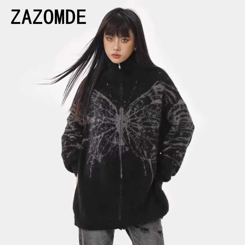 ZAZOMDE Winter Vintage Butterfly Graphic Zip Up Cardigan Man Y2k Streetwear Oversized Knitted Sweater Jacket Long Sleeve Tops 241213