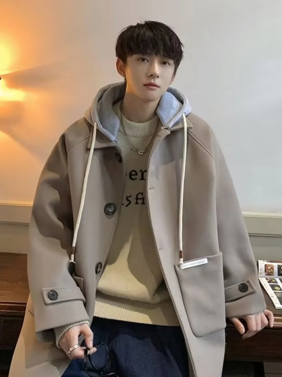 Autumn Winter Thick Woolen Coat Mens Loose Fitting Twopiece Hooded Trench Trendy Windbreaker Mid Length Jacket 241213