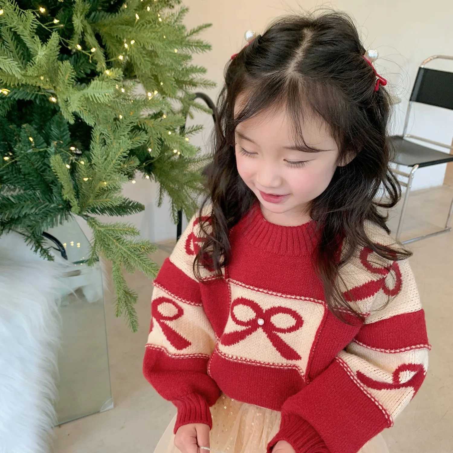 Girls Red Sweater Thickened 2024 Autumn and Winter New Style Childrens Knitwear Childrens Christmas New Year Line Clothing W241213