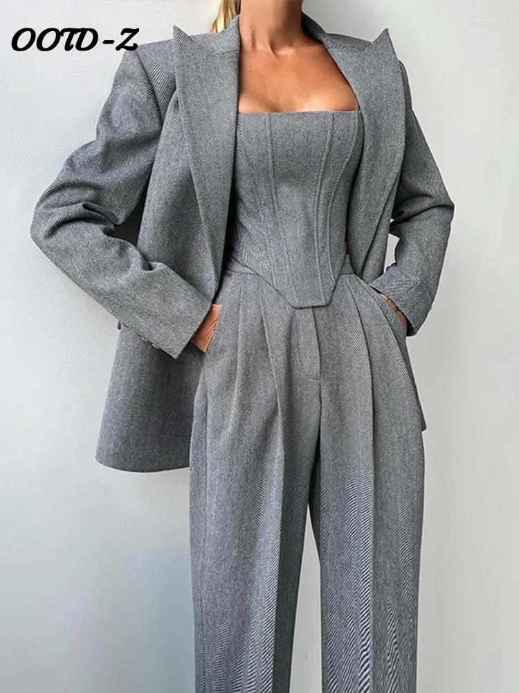 Women's Two Piece Pants Fashion Grey Sets For Women 3 Pieces Elegant Long Sleeve Belt Blazer Tank Top With High Waist Wide Trousers Lady