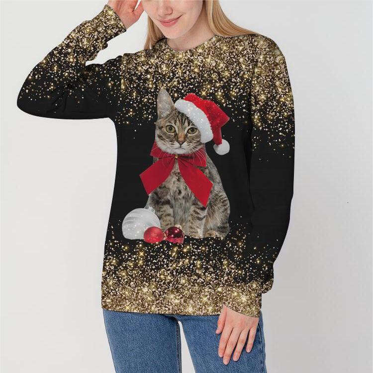 Foreign Trade Women's Cat Christmas Hat Printed Hoodie Trendy Clothing Fashionable Casual Temperament