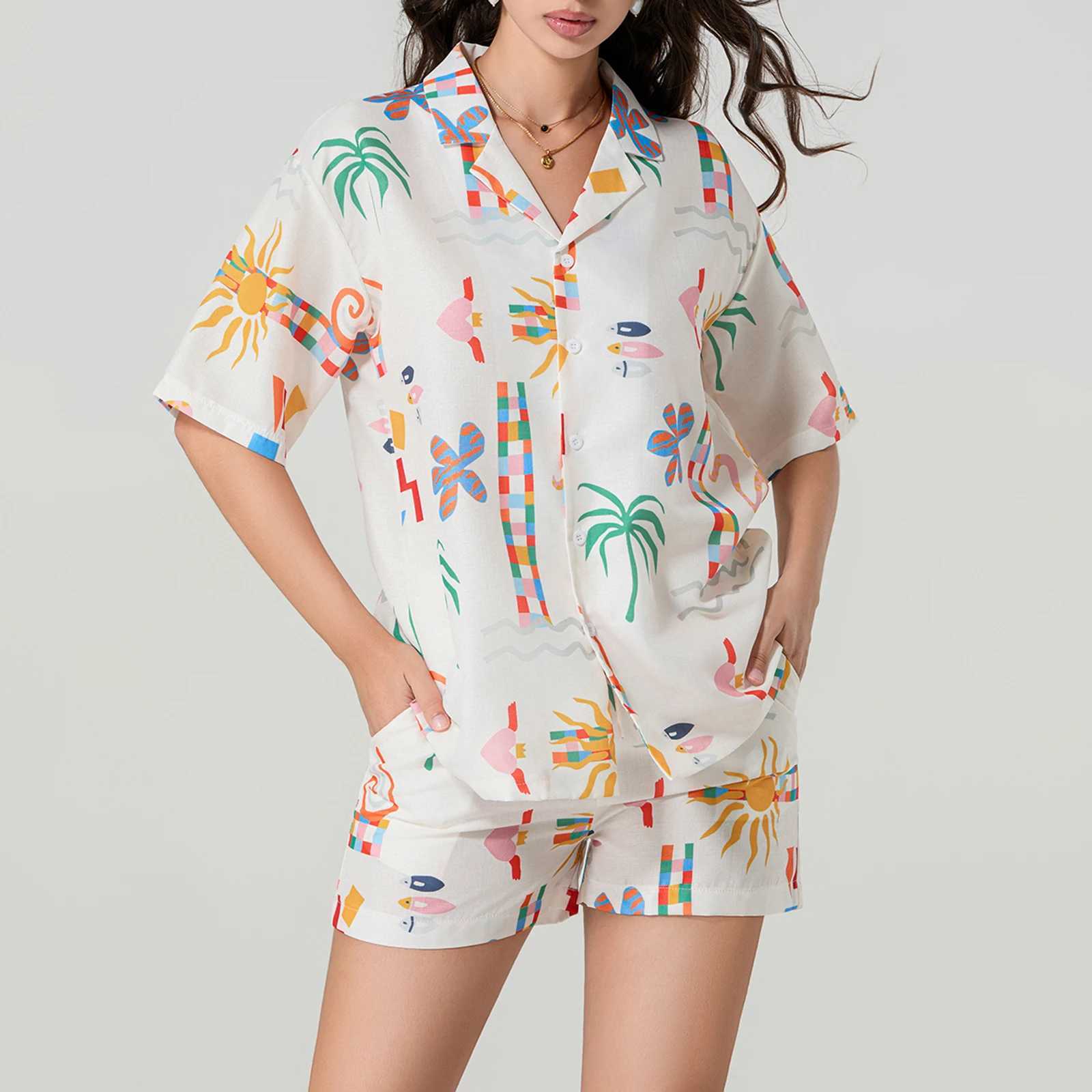 Women's Two Piece Pants Womens Casual 2 Piece Outfits Sun Print Short Slve Lapel Neck Button Up Shirt and Drawstring Shorts Set Loungewear Y24121