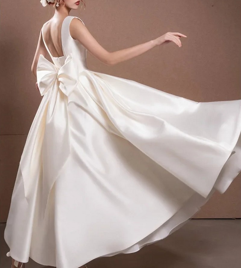 Vintage Short Tea Length Wedding Dresses Square Neck Big Bow Satin Bridal Party Gowns Vestido De Novias Robe De Mariage