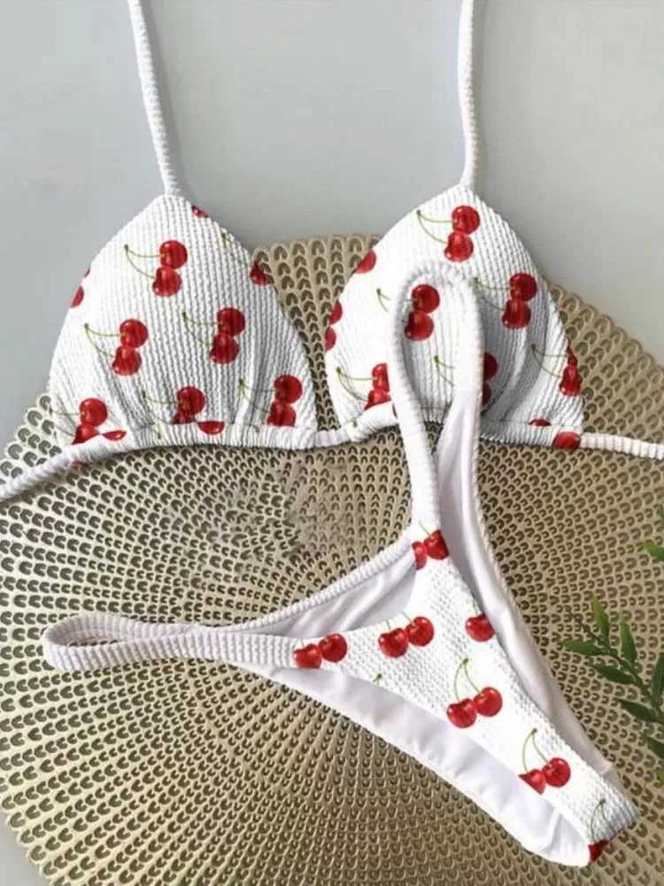 Swimwear Women Cute Cherry Print Brazilian Thong Bikini Set Sexy Thong Swimsuit Two Pieces Bathing Suit Women 2023 Beach WearXJ241212