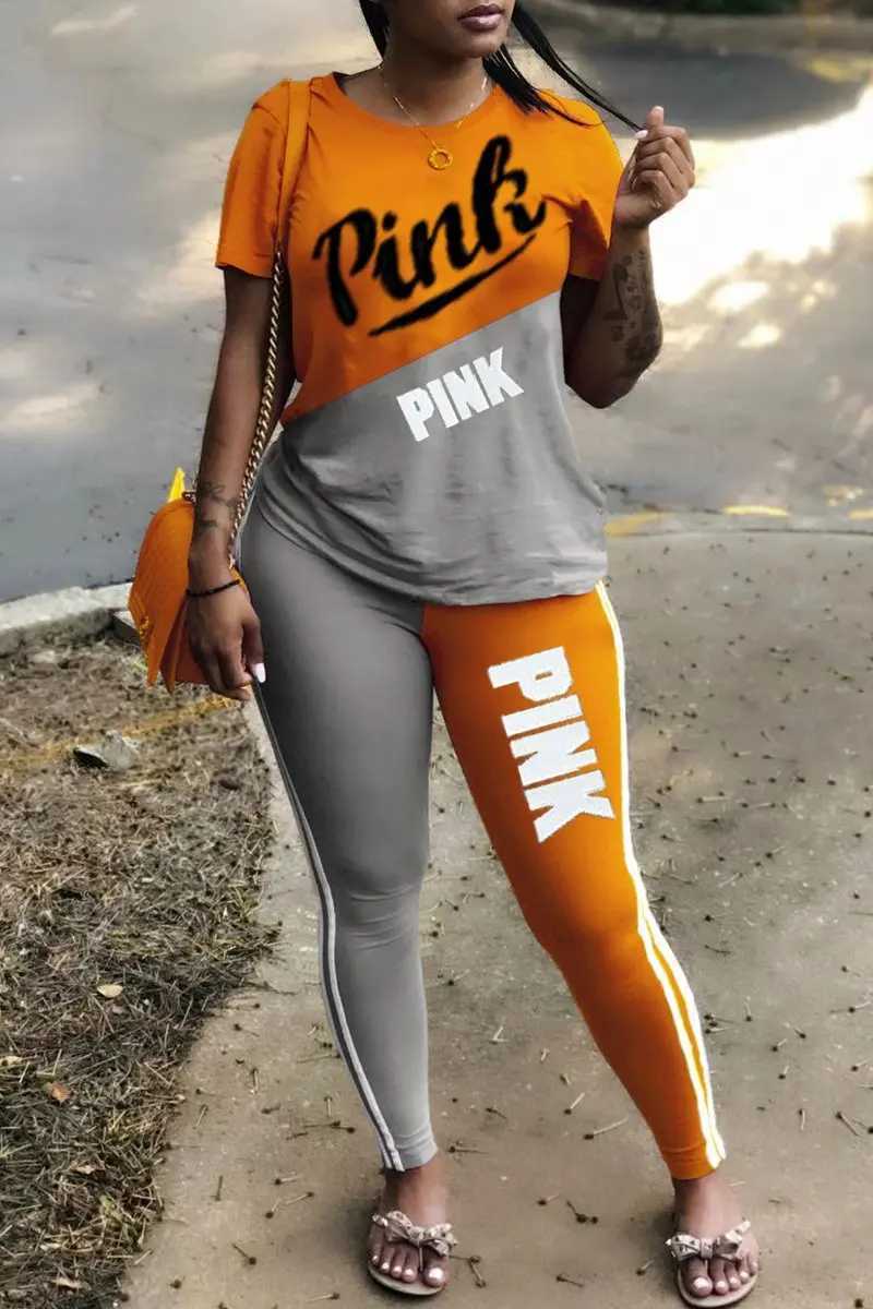 Women's Two Piece Pants 2022 New Letter Print Sweatsuit Women Suit Short Slve Tops Skinny Pant Two Piece Tracksuit Summer Casual 2 PCS Set Y24121