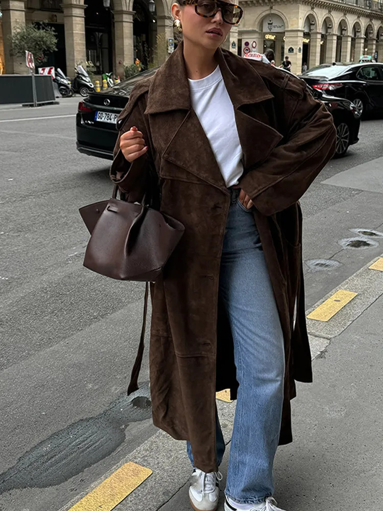 Fashion Brown Lapel Single Breasted Suede Leather Jackets For Women Chic Oversized Pockets Cropped Overcoat Lady Streetwear 241213