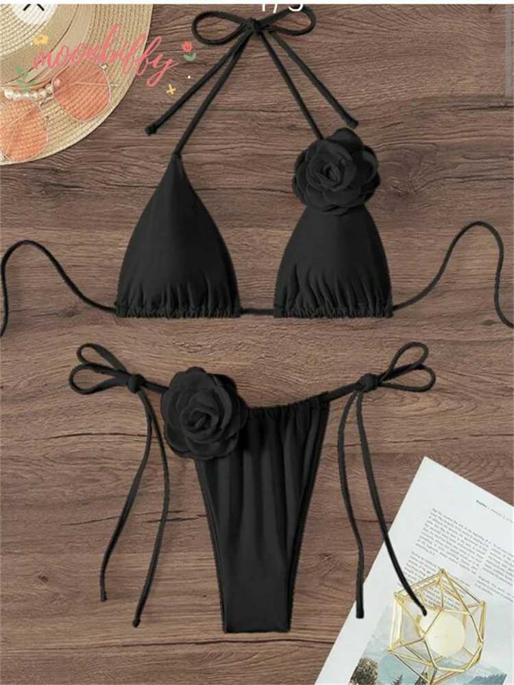 Sexy Bikini Set Women Swimsuit Black White 3D Floral Print Micro Bikinis Brazilian Cutout Beach Bathing Suit Thong SwimwearXJ241212