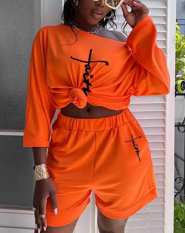Women's Two Piece Pants 2 Piece Sets Women Outfit Casual Faith Print Summer Womens Suit Long Slved Top Elastic Waist Shorts Set Y2K Womens Shorts