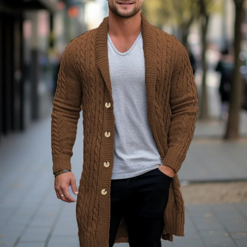Winter Clothing Mens Knitted Jacquard Lengthen Cardigan Sweatercoat Casual High Street Pocket Long Sleeve Wool Coat Knitwear 241213