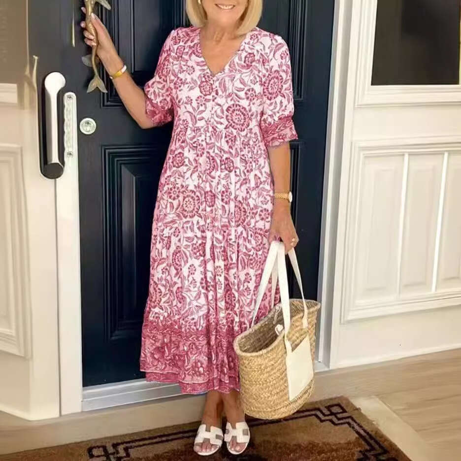 Temperament Commuting V-Neck Short Sleeved Ral Tie Printed Loose Long Dress