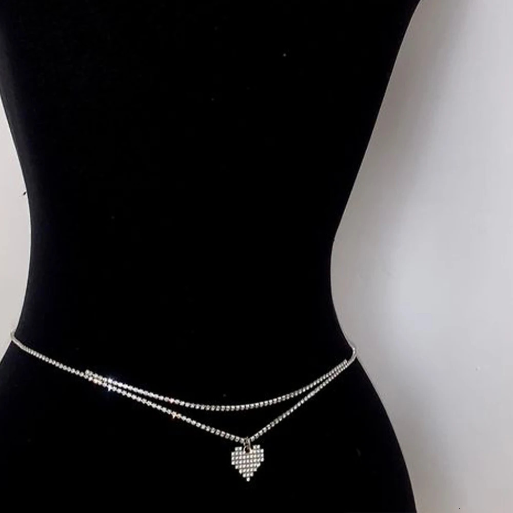Sexy Rhinestone Heart Waist Chain Belt Bikinis Jewelry for Women Summer Beach Double Row Crystal Belly Body Accessories 241213