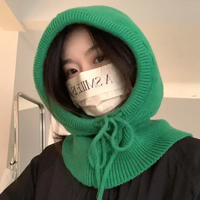 Winter Balaclava hat collar thick knitted wool lapel hat Korean womens cotton ear protection lapel hat accessories 241205