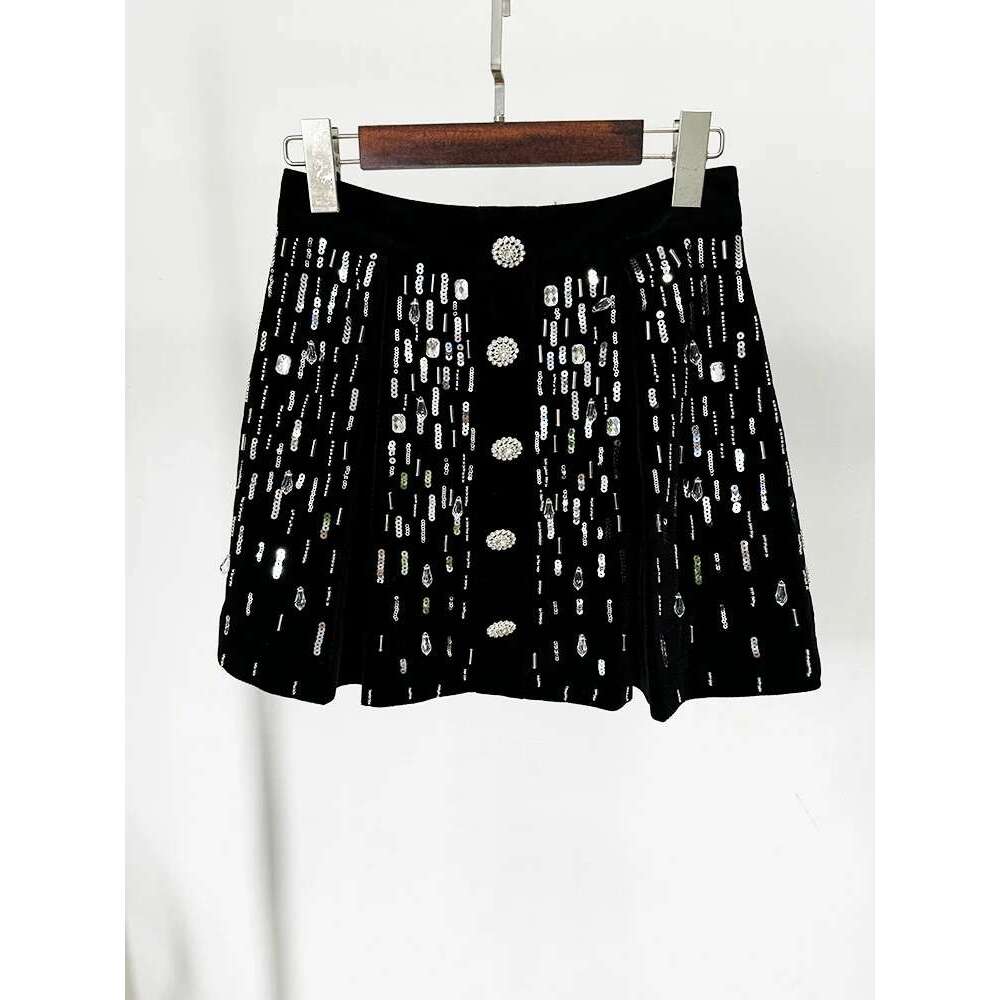 Ladies Suits TOP QUALITY Newest Designer Suit Women's Short Sleeve Stunning Beaded Veet Cropped Tops Mini Skirt Set 2Pcs