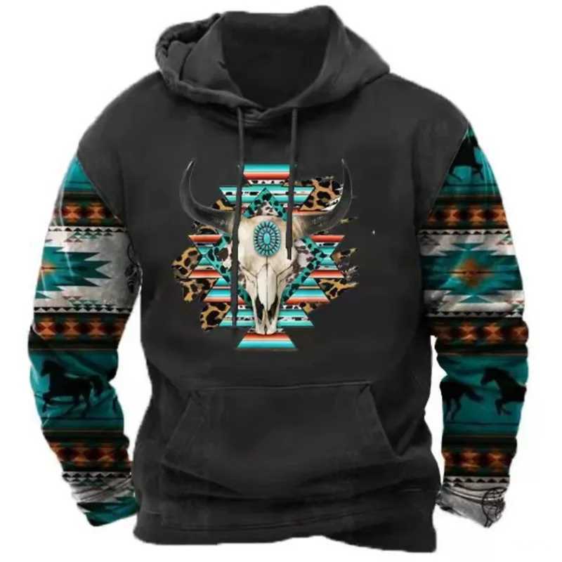 North American Demon Wendigo Printed Hoodie Western Cowboy Hoodie Sportswear Daily Casual Over Floral Retro Streetwear W250108