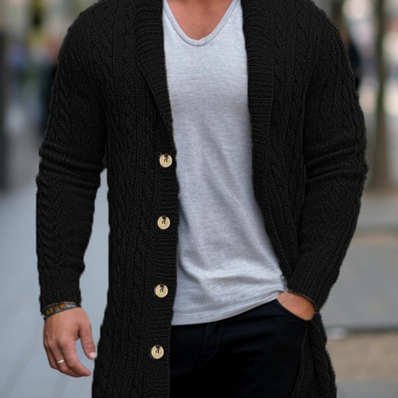 Winter Clothing Mens Knitted Jacquard Lengthen Cardigan Sweatercoat Casual High Street Pocket Long Sleeve Wool Coat Knitwear 241213