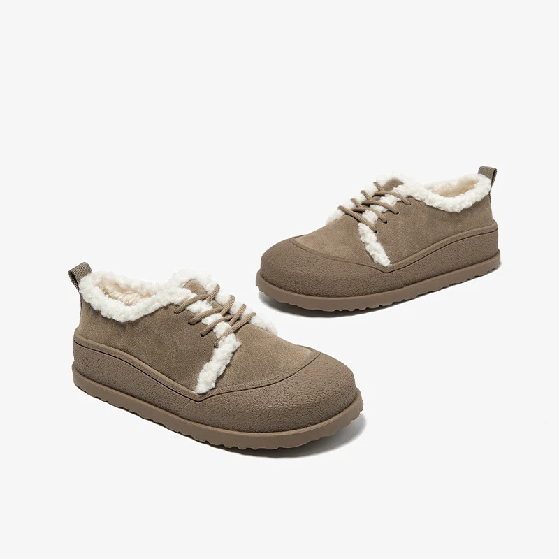 Beautoday Winter Apartment Womens Cow Fleece Patch Work Round Toe Warm Short Plush Cross Tie Decoration Womens Flat Shoes Handmade 22810 241213