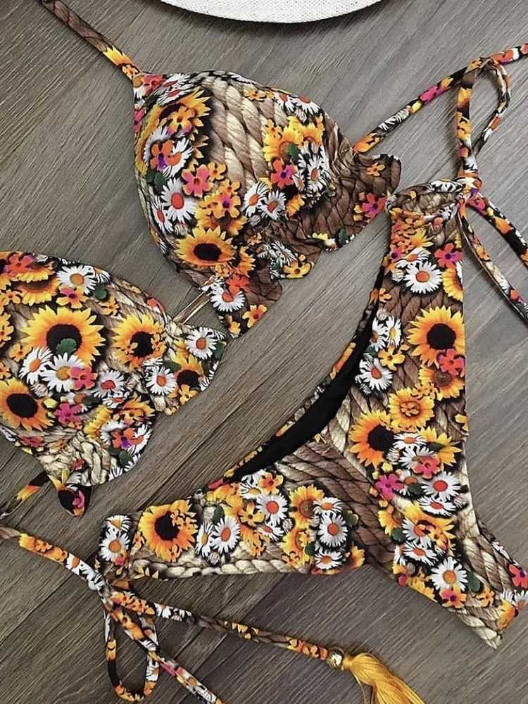 OIINAA Bathing Suit Women Sexy Printed Bikini Set Drawstring Swimsuit Halter Lace Up Two-piece Thong Summer 2024 Fa BiquinisXJ241212