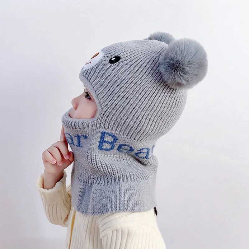 Bear Winter Baby Bonnet Hat Scarf One-Piece Pompom Kids Knitted Hat for Girls Boys Warm Ears Neck Children Cap for Skiing 2-6YXJ241213