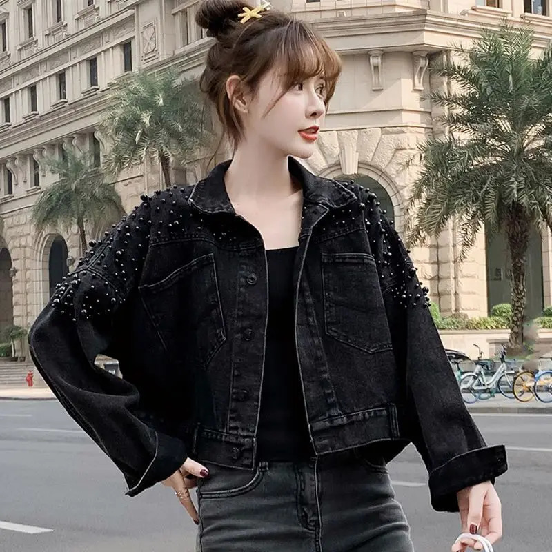 Retro denim jacket womens clothing autumn Korean fashion version polo neck short beads loose casual top 241211
