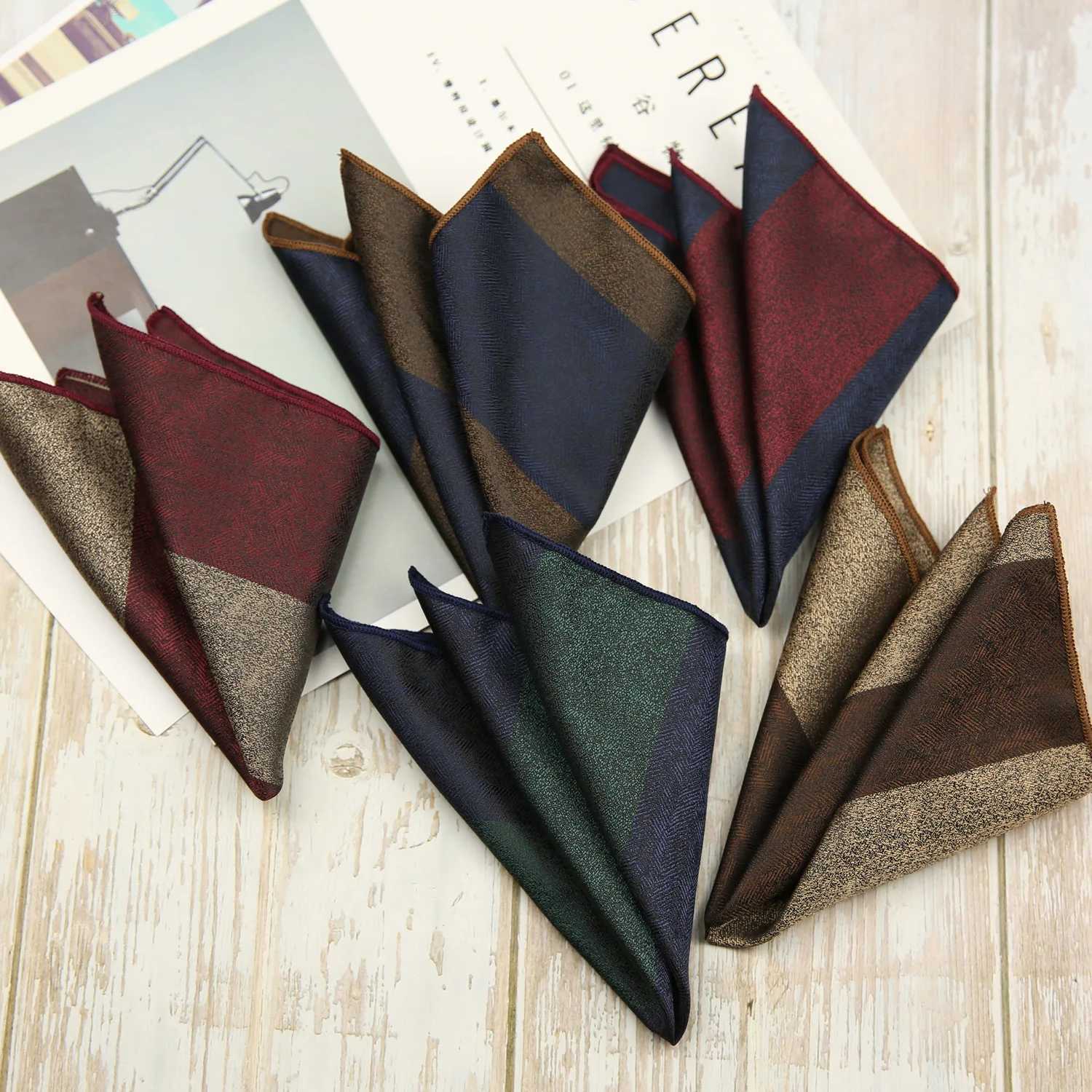 23CM mens silk pocket square brown red stripe handle business soft Hanji wedding party set accessories tie box towel W241213