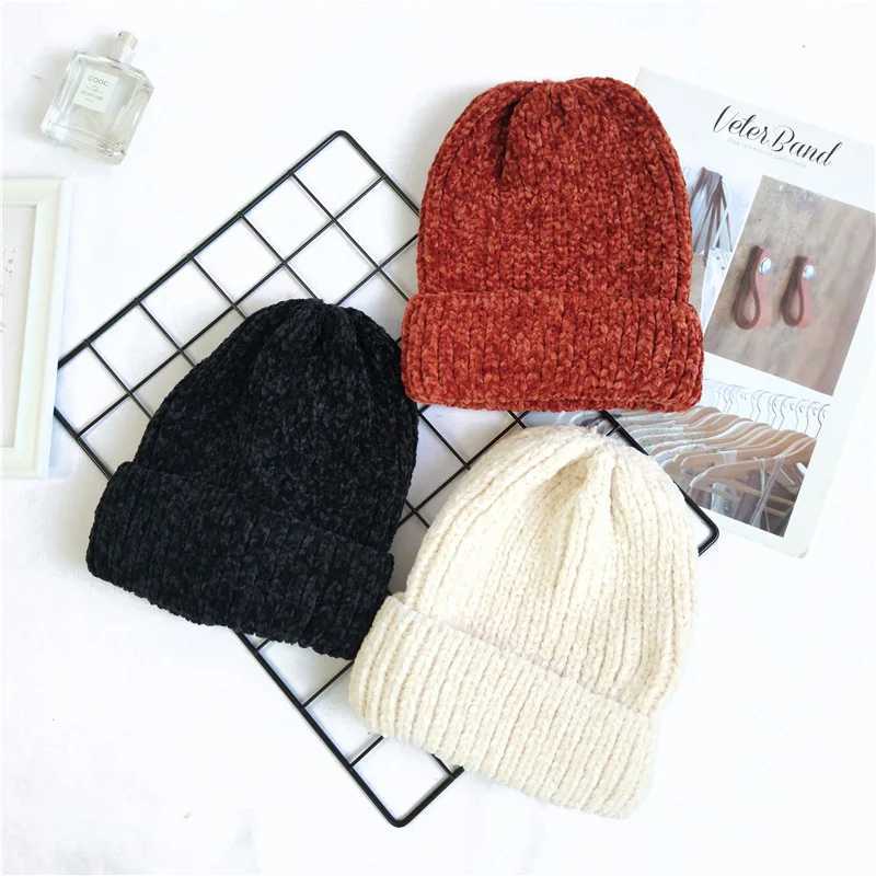 Chunky striped Beanies Hats Winter Women girl Thick Warm Soft Corduroy Knitted Hat Skullies Cap Curled Skullcap Ski SportXJ241213
