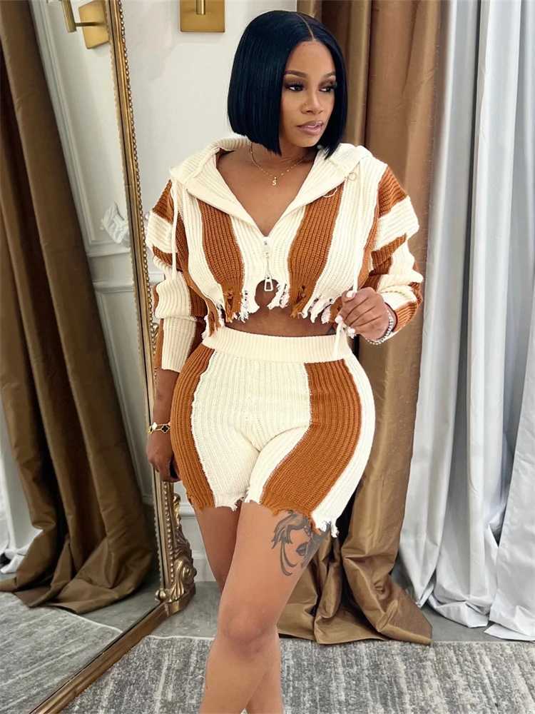 Women's Two Piece Pants WLWXR Winter Striped Ripped Knit 2 Piece Set Casual Outfits For Women 2024 Hooded Tassel Cropped Cardigan+Shorts Matching