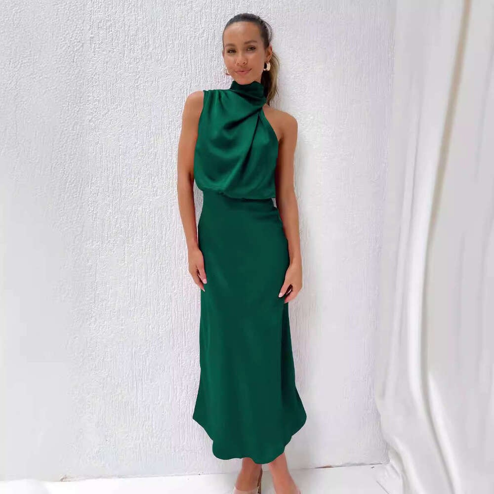 European American Spring And Summer New Women's Clothing Solid Color High-End Feeg Satin Sleeveless Elegant Temperament Dress Fashionable Quality