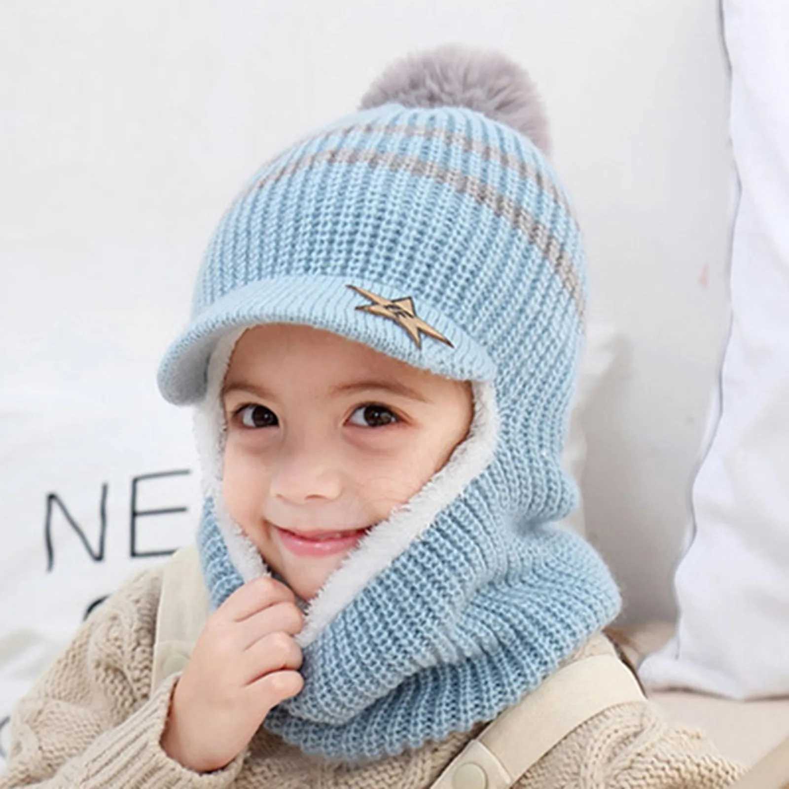 2024 Winter Kid Hooded Caps Windproof Ski Cycling Earflap Scarf Hat Toddler Baby Knit Thick Warm Beanie Cold Weather AccessoriesXJ241213