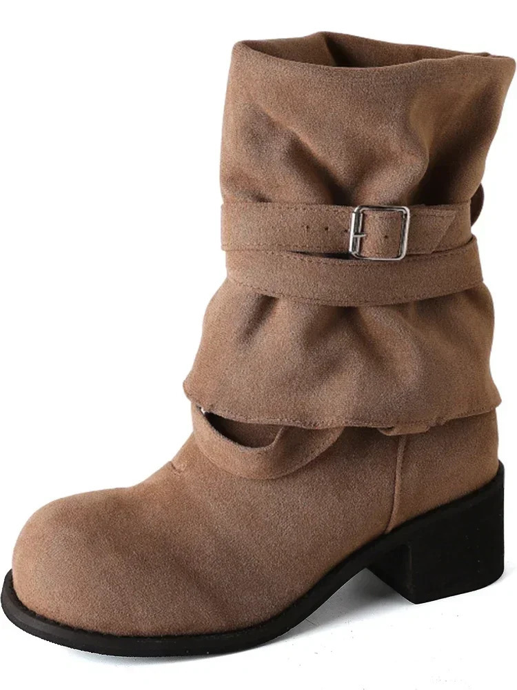 Platform Thick High Heels Womens Western Cowboy Boots Fashion Sliding on Folding Pile Long Boots Womens Shoes Autumn/Winter 241213