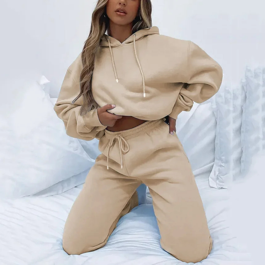 Women Two Piece Sets Tracksuit outfit Hooded Sweatshirts Pocket Drawstring Long Pants Suit Thick Casual Office Lady Autumn 241203