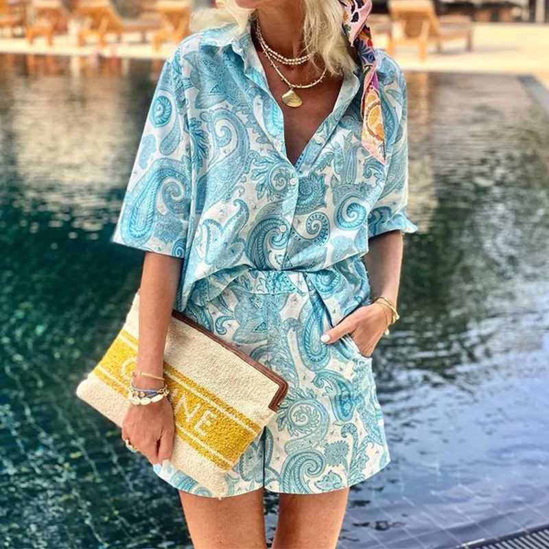 Women's Two Piece Pants Ladies Spring And Summer Fashion Printed Vacation Short Slve Collar Single Breasted Shirt Shorts Pocket Casual Two Piece 