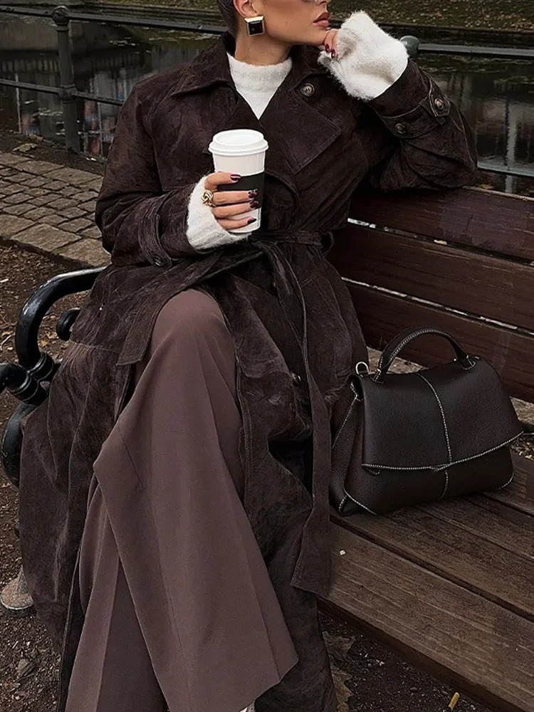 Winter Brown Suede Leather Overcoats Oversized Lapel Buttons Womens Long Coats Autumn Female Chic High Street Outwear 241213