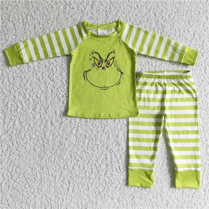 Fashionable Christmas boy and girl matching green character long sleeved pajamas set wholesale boutique childrens clothing W241213