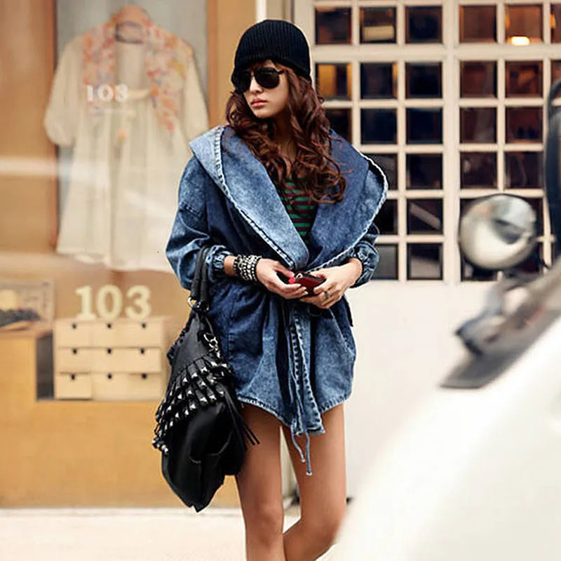 Autumn Womens Retro Hoodie Cowboy Coat Elastic Waist Lace Top Batwing Sleeve Blue Jeans Jacket Korean Loose Casual Street Wear 241211