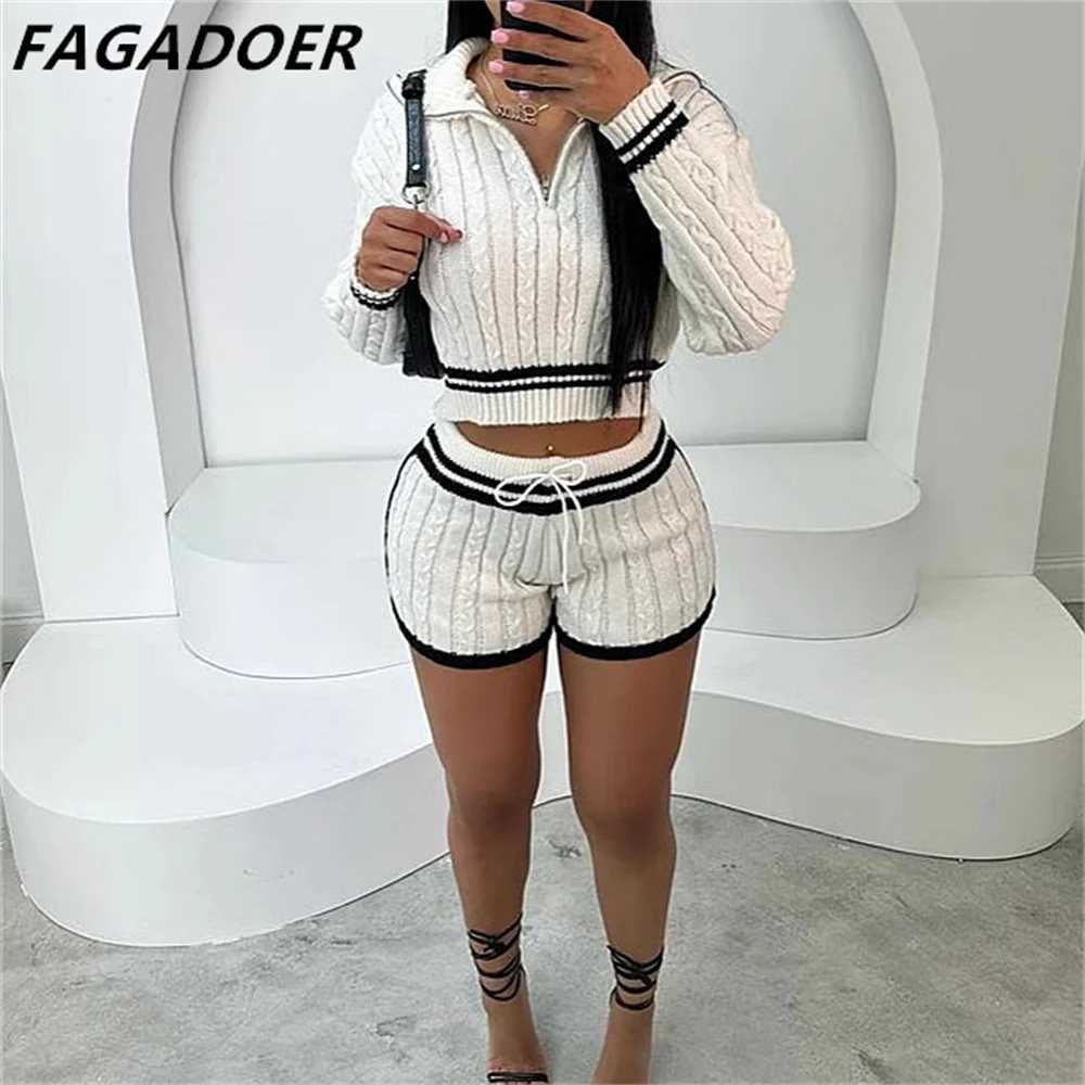 Women's Two Piece Pants FAGADOER Swt Knit 2 Piece Sets Women Outfit Female Lapel Zip Stripe Patchwork Crop Top And Drawstring Waist Shorts Suits 