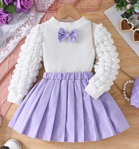ma baby 3-8Y Infant Toddler Kid Girls Clothes Sets Puff Sleeve Bow Front Tops + Skirt Fall Spring Children Outfits Clothing W241213