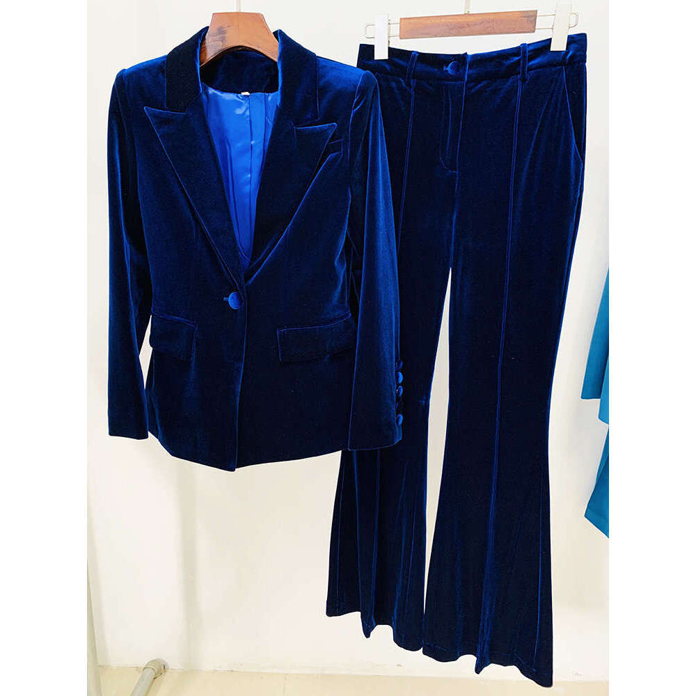 Ladies' Suit HIGH QUALITY Newest Fall Winter Designer Set Women's Single Buttons Veet Blazer Flare Pants Suit