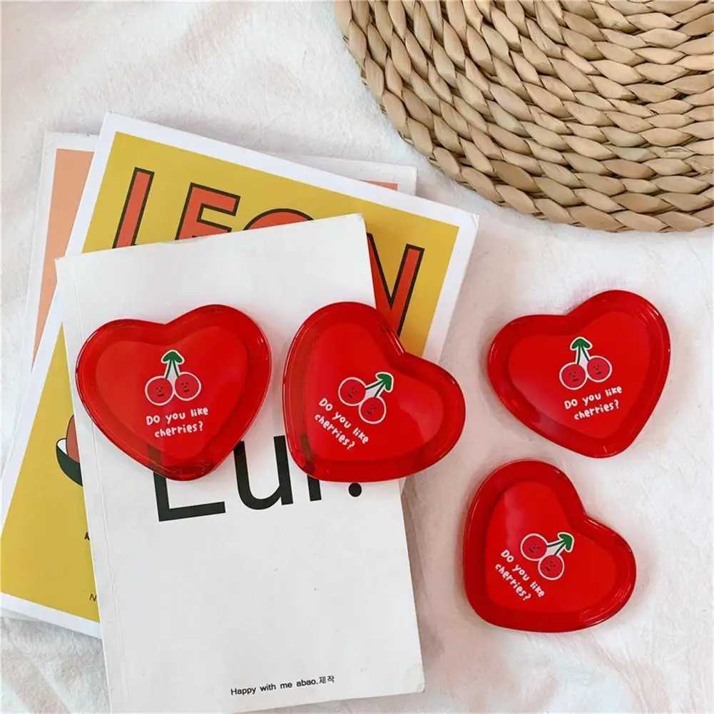 Mini Makeup Mirror Red Cherry Pattern Heart Shaped Portable Pocket Mirror Double-Sided Folding Cosmetic Mirror Women GiftsXJ241213