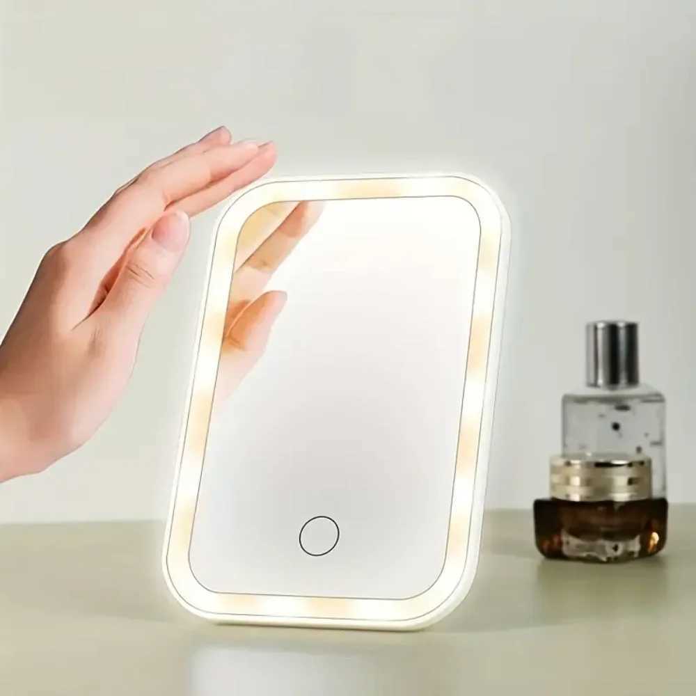 LED makeup mini mirror with stand desktop folding compact white square travel makeup mirror with light dry battery and USB plugXJ241213