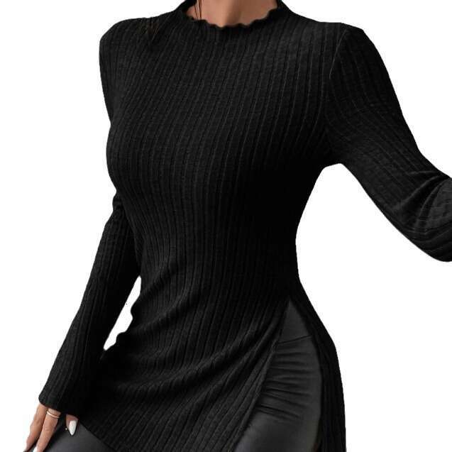 European and American new 2023 autumn slit long sleeved base solid color T-shirt for women