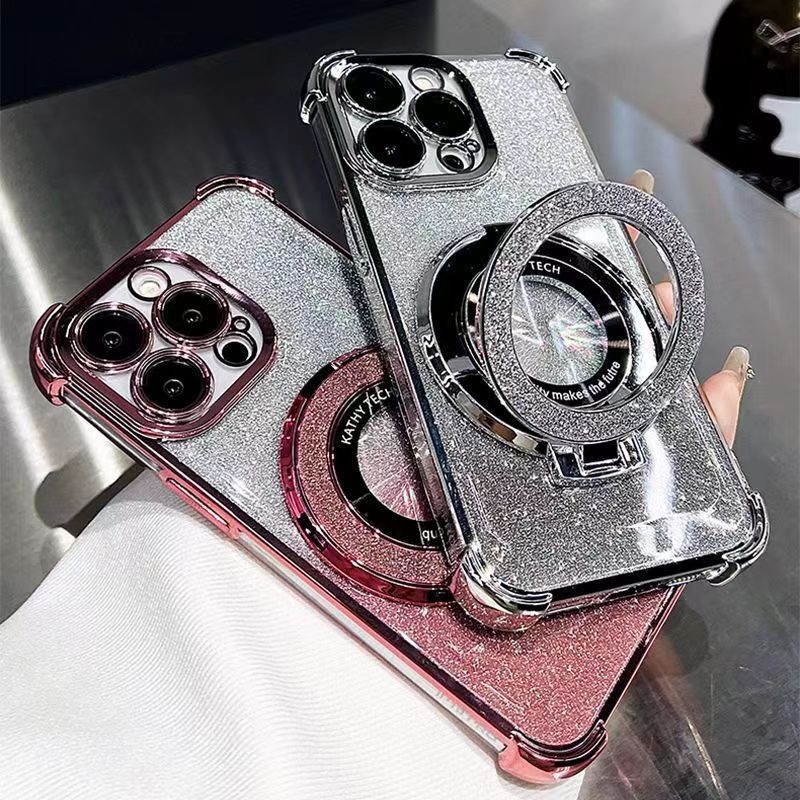 Luxury Four Corner Bling Glitter Clear Soft TPU Ring Stand Magnetic For Magsafe Wireless Charging Cases With Lens Film Protector For iPhone 16 15 14 1